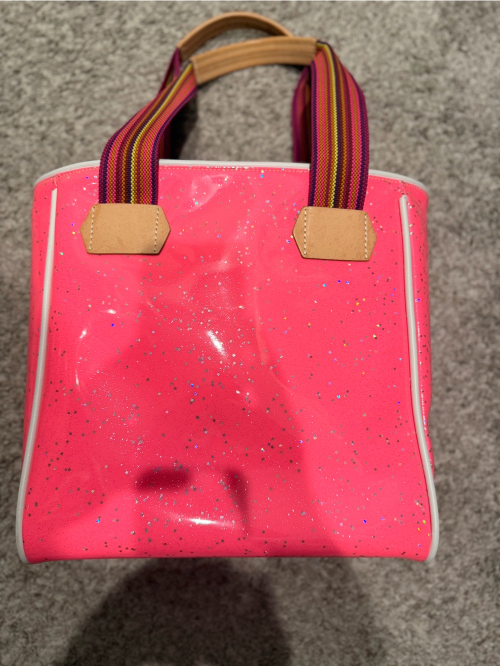Pink Glitter Bucket Bag with Multicolor Striped Handles